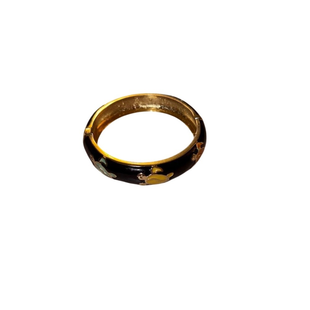 Vintage Gold Tone Enamel Sea Turtle Hinged Bangle Bracelet Black Multi Color‎